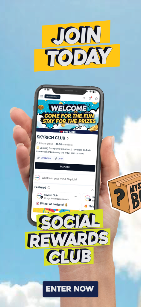 Skyrich Club - Hand holding a phone displaying the Skyrich Club app community page with social rewards text.