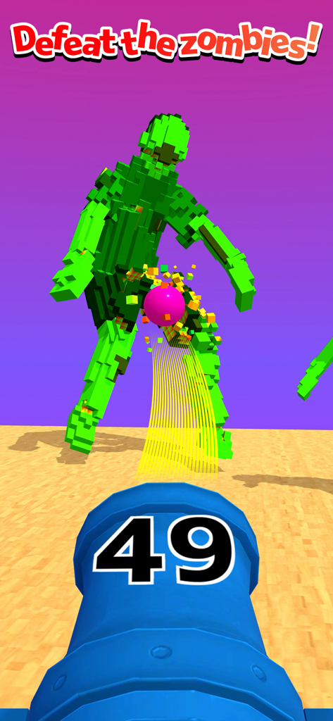 Eine blaue Kanone schießt einen pinken Ball auf einen grünen, blockigen Zombie in einer Wüstenumgebung.