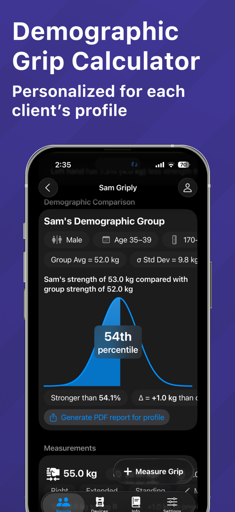 GripMeter Physio - Grip Tester - Una captura de pantalla de la aplicación GripMeter Physio que muestra un gráfico de comparación de fuerza de agarre demográfico y el percentil.