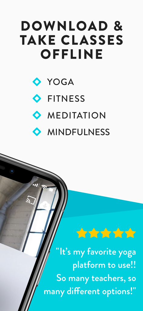 YouAligned app interface promoting offline access for yoga fitness and meditation classes with a five star user review