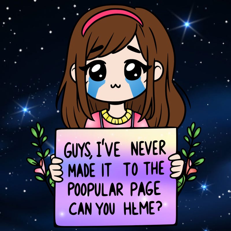 a girl holding up a sign that says, guys, i’ve never made it to the popular page, can you help me?