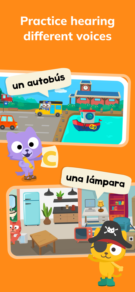 Learn Spanish – Studycat - Captura de pantalla educativa de la app Studycat en español que muestra escenas interactivas y personajes de gatos enseñando vocabulario con variedad vocal.