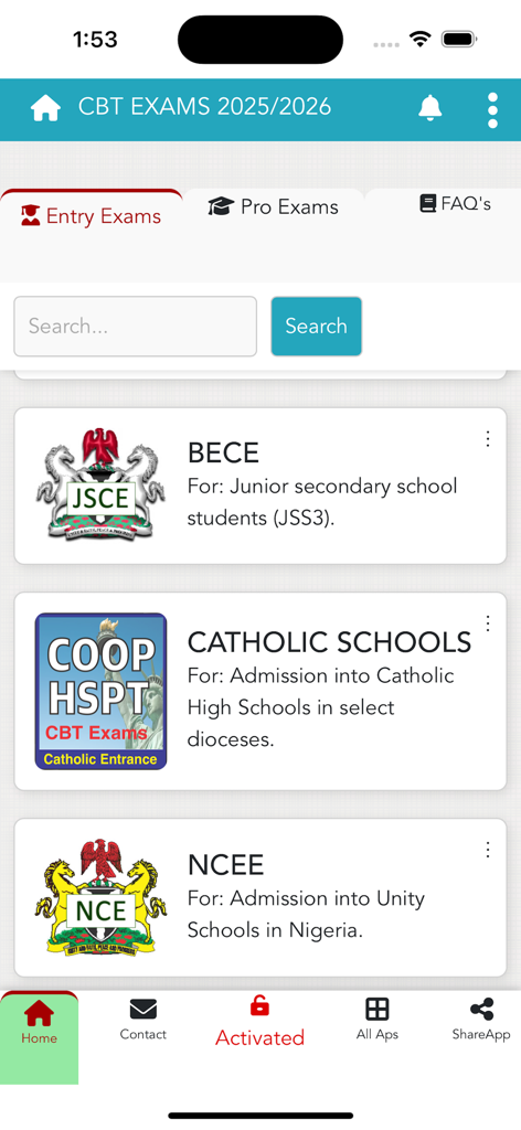 Pantalla de la aplicación ePractice CBT que muestra opciones de exámenes de ingreso, incluidos BECE y NCEE