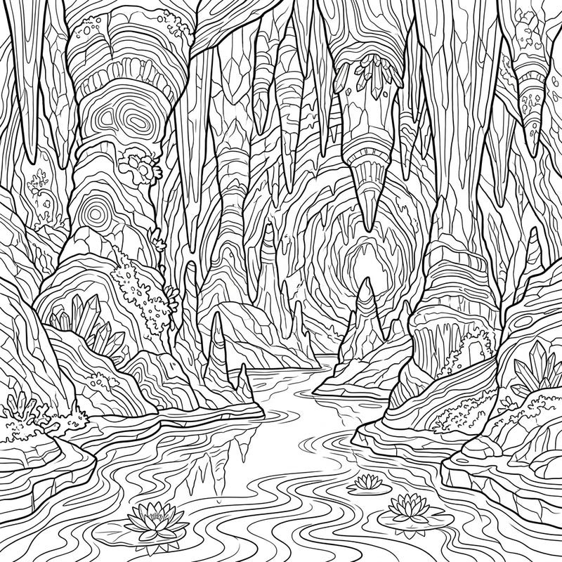 Unearth a hidden world with this intricate adult coloring page featuring a breathtaking subterranean lake. Immerse yourself in the detailed beauty of cave formations and serene waters, perfect for a relaxing creative escape.