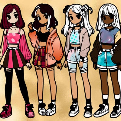 one girl with crop-top shirt and a jacket with a skirt, long socks and another girl with a shirt and pants with a jacket