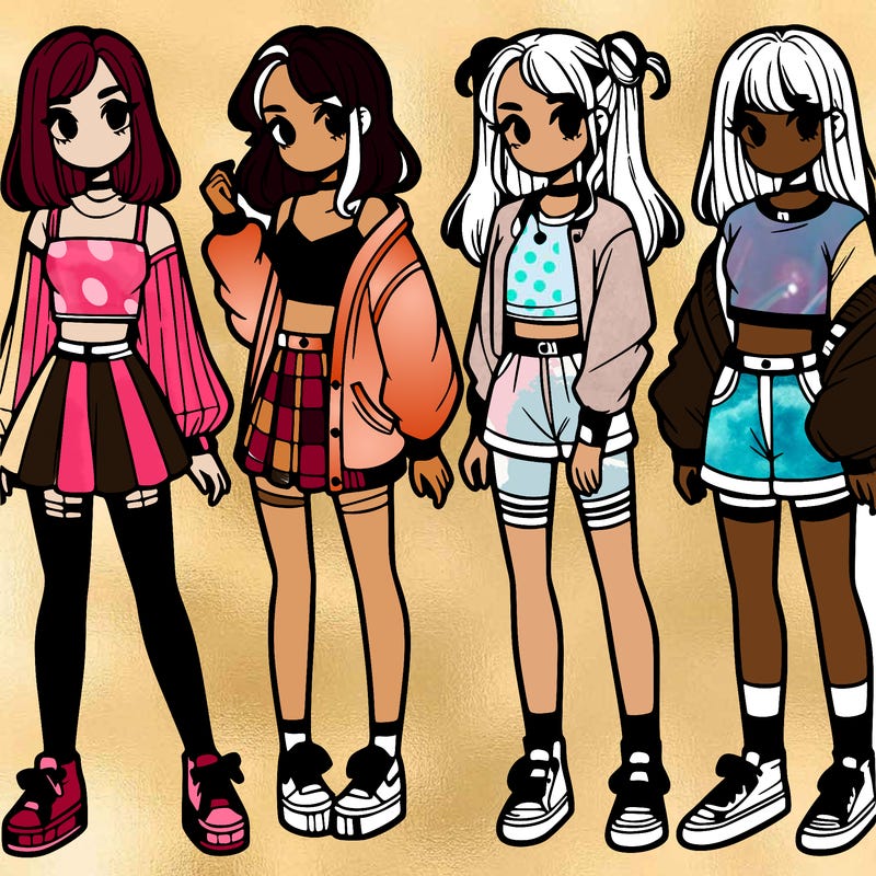 one girl with crop-top shirt and a jacket with a skirt, long socks and another girl with a shirt and pants with a jacket