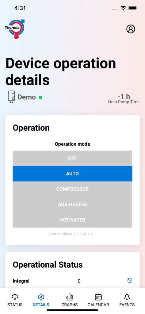 Interfaccia dell'app Thermia Online che mostra le modalità operative del dispositivo e lo stato della pompa di calore
