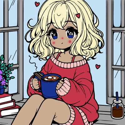 cute anime girl reading book and drinking hot chocolate from mug with loose wavy hair wearing a baggy sweatshirt and shorts sitting by windowsill looking out