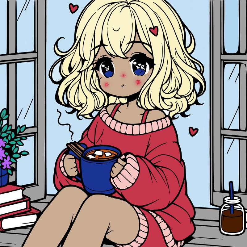 cute anime girl reading book and drinking hot chocolate from mug with loose wavy hair wearing a baggy sweatshirt and shorts sitting by windowsill looking out