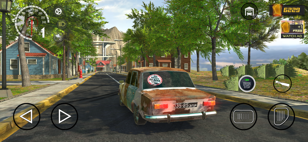Driver Life (Car Simulator) - Gameplay screenshot of a rusty car driving through a residential village street in Driver Life Car Simulator