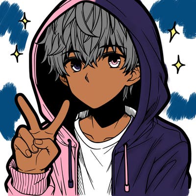 teenage manga boy in a hoodie, doing ✌