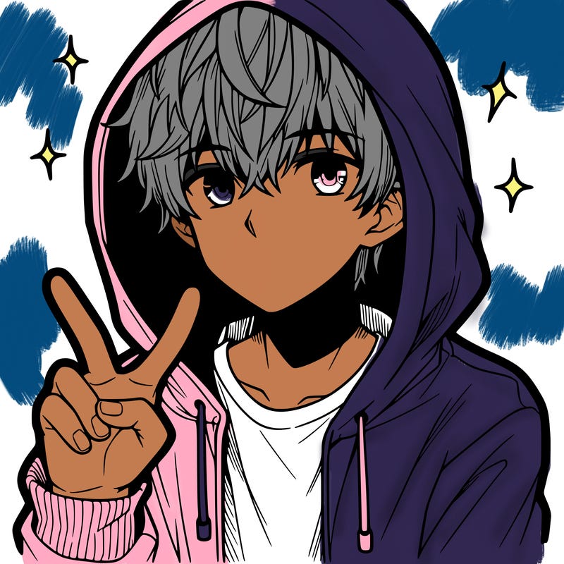 teenage manga boy in a hoodie, doing ✌