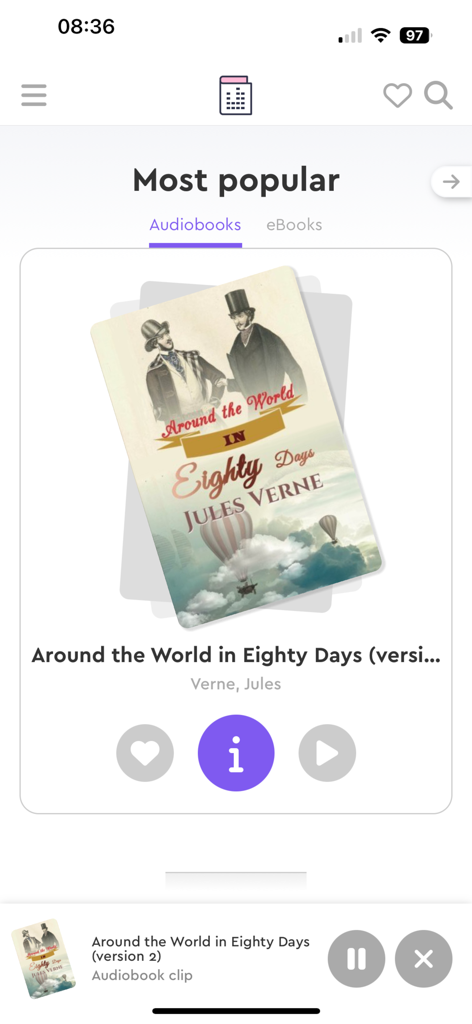 Digitalbook: audiobooks ebooks - Digitalbook app interface showing most popular audiobooks and Jules Verne's Around the World in Eighty Days.