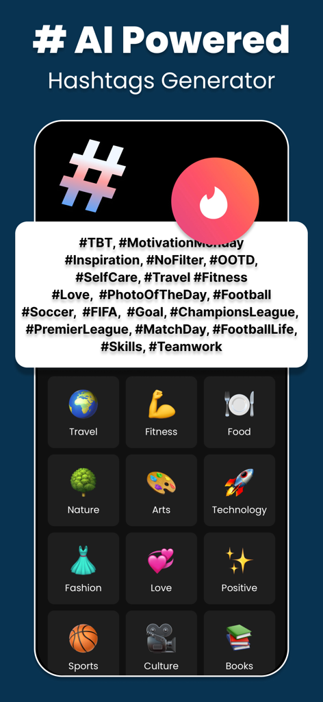 AI Social Media Post Maker - Interface do gerador de hashtags com IA com categorias para criação de conteúdo de mídia social