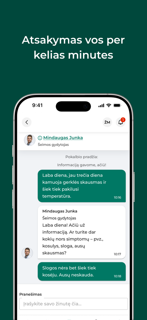 Meliva Lietuva - Captura de pantalla de la aplicación Meliva Lietuva que muestra una consulta médica virtual por chat para un rápido asesoramiento médico