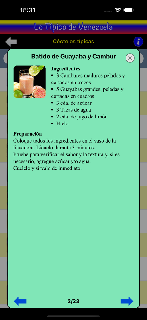 Lo Típico de Venezuela - A typical Venezuelan guava and banana smoothie recipe with ingredients and preparation steps in Spanish.