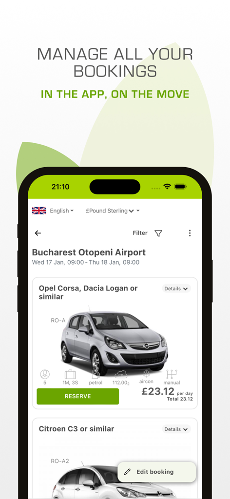 Green Motion Car Rental - A mobile phone displaying the Green Motion car rental app booking interface with vehicle options and pricing for Bucharest Airport.