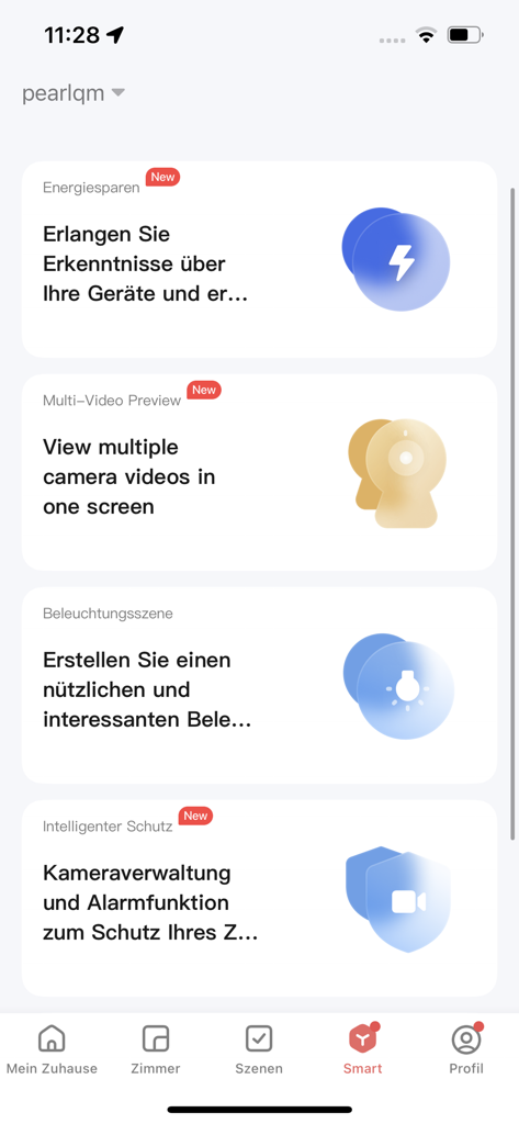The smart features screen of the ELESION app showing options for energy saving, multi-video camera preview, lighting scenes, and intelligent protection.