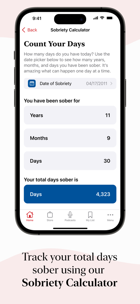 AA Grapevine - AA Grapevine app sobriety calculator interface showing time sober in years months and days