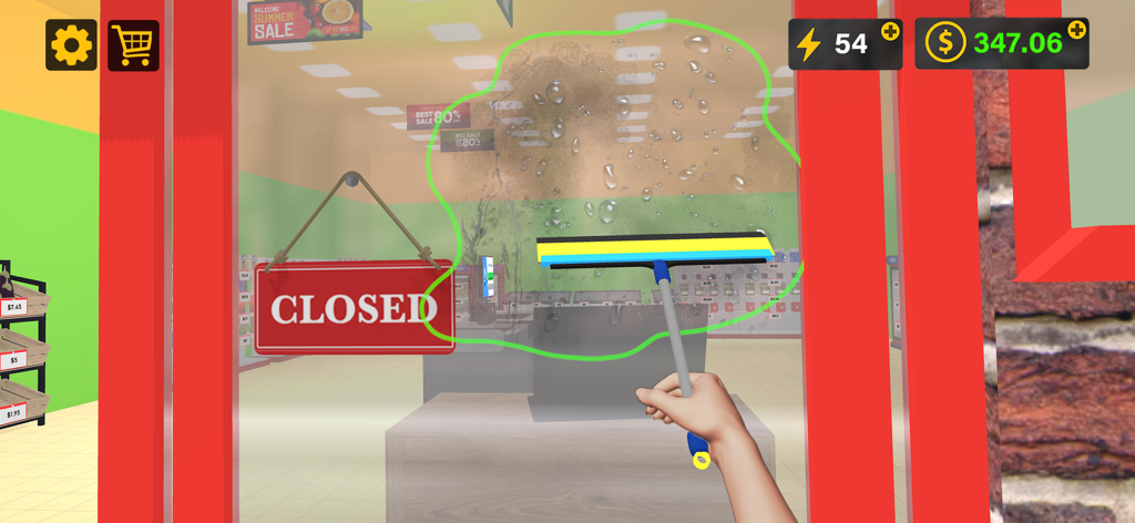 Supermarket 3D Simulation Game - Vista en primera persona de un jugador usando una escobilla para limpiar la ventana de un supermercado en un juego de simulación 3D