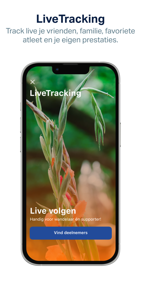 Screenshot of the 4Daagse app showing the Live Tracking feature to follow friends and family during the march
