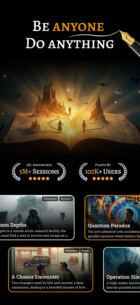 FableAI app home screen showing interactive story categories and adventure options