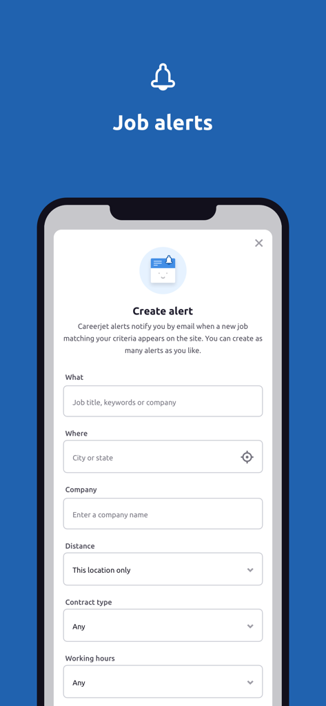 Schermata dell'app mobile che mostra il modulo di creazione avvisi di lavoro con filtri per parole chiave, posizione e tipo di contratto