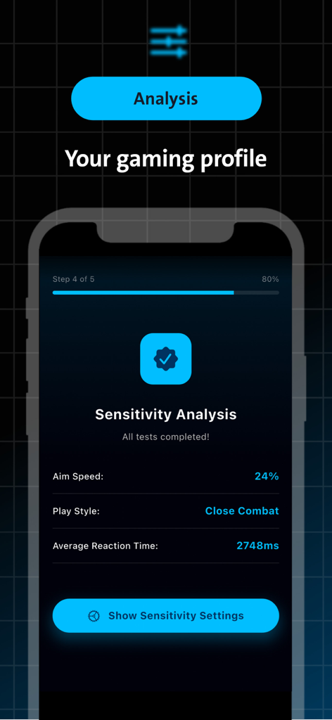 Pantalla de análisis de sensibilidad que muestra los resultados de la velocidad de puntería y el tiempo de reacción en juegos