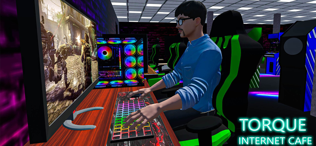 Internet Cyber Cafe Simulator - Un personaje jugando un videojuego en un PC de alta gama con iluminación RGB en un cibercafé iluminado con neón