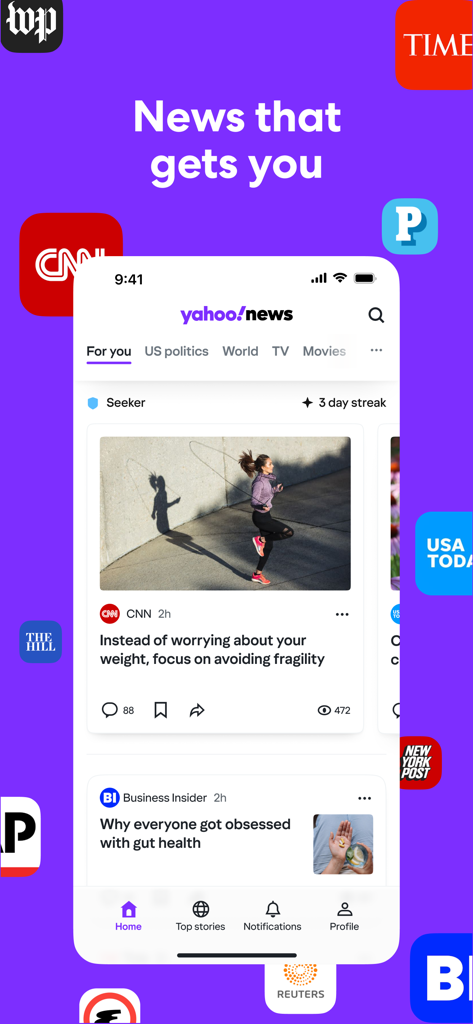 Yahoo News: Daily News For You - Yahoo ニュースアプリのインターフェイス。さまざまなプレミアムパブリッシャーのロゴが表示されたパーソナライズされたニュースフィードを表示しています。