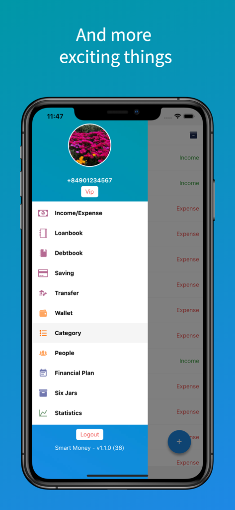 SmartMoney - Budget Planner - SmartMoney app sidebar menu displaying various financial management features including income and expense tracking, six jars method, and financial statistics.