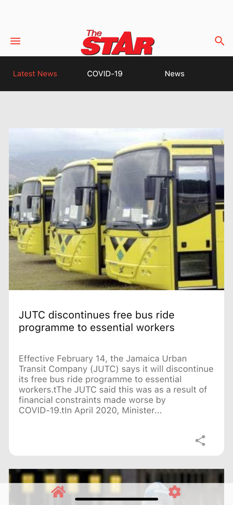 The Jamaica Star app showing a news article headline about JUTC buses with a photo of yellow buses in Jamaica.