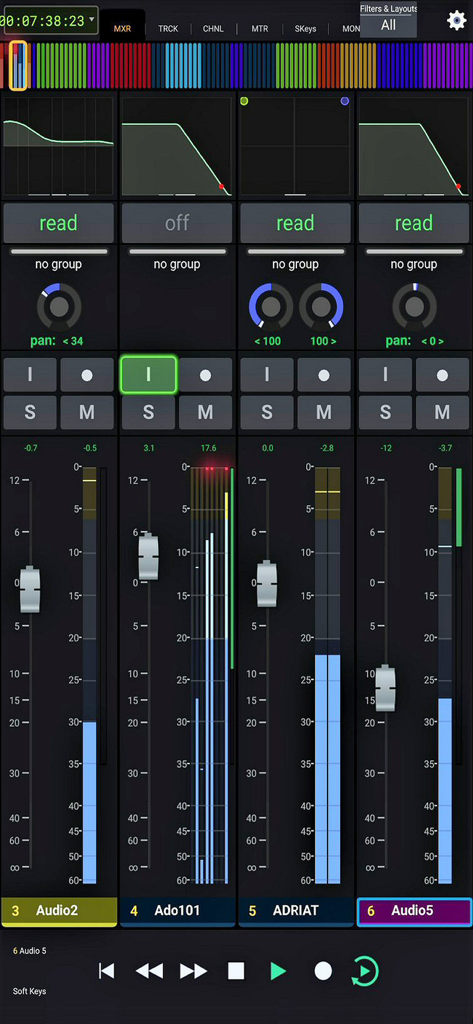 Professional audio mixing console interface with faders and channel strips