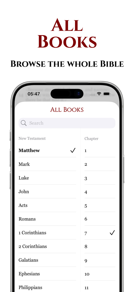 Biblearn+™ KJV: AI Bible Study - A mobile interface showing a list of Bible books and chapters for easy navigation