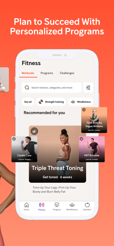Gymondo app interface displaying a variety of personalized workout programs including toning and cardio