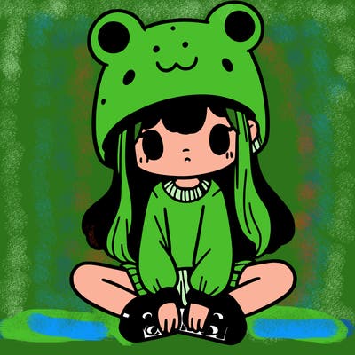 a girl wearing a frog hat and some frog socks