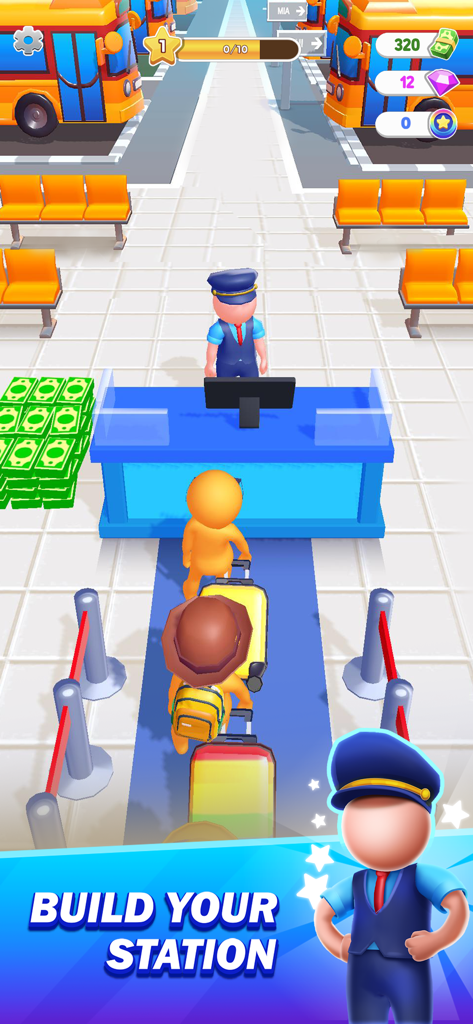 Terminal Master - Bus Tycoon - Gameplay of Terminal Master Bus Tycoon showing a manager serving passengers at a terminal counter