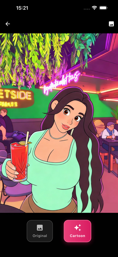 Desira - - Desiraアプリで作成された、活気のあるカフェにいる女性のAI生成カートゥーンポートレート