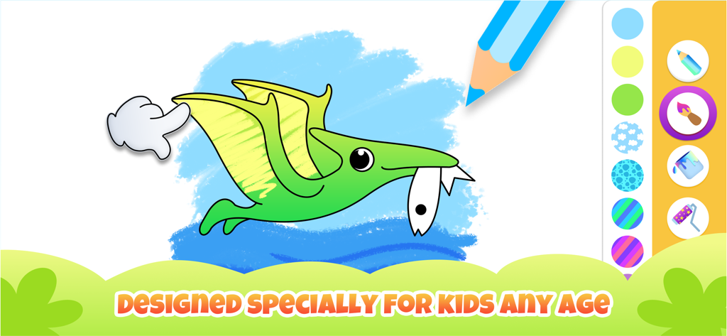 Dinosaur Drawing Kids Games 2+ - Una página para colorear digital de un pterodáctilo verde volando con un pez en el pico dentro de la aplicación para niños Dinosaur Drawing.
