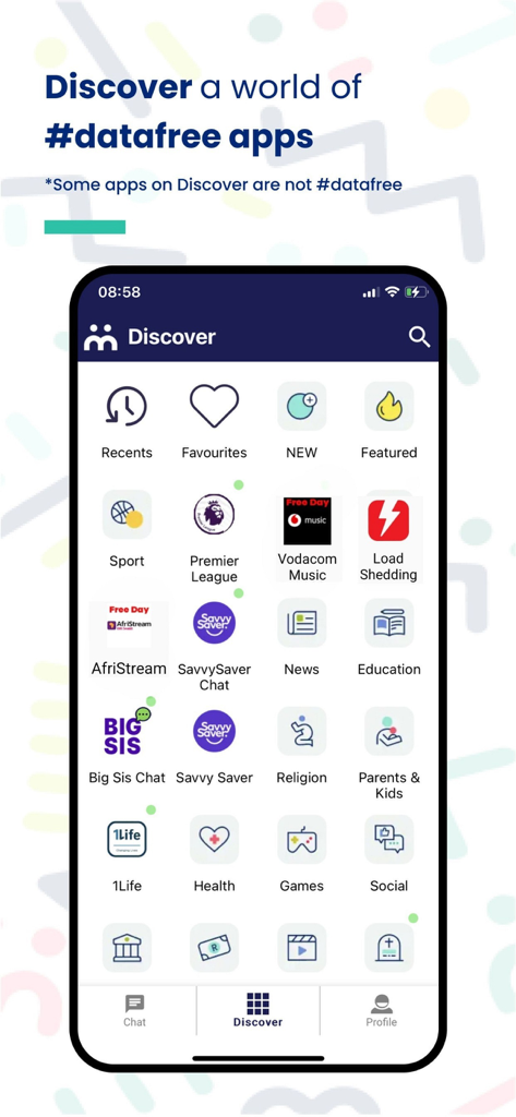 The Discover screen of the Moya App showing a variety of data-free services including news sports and music icons.