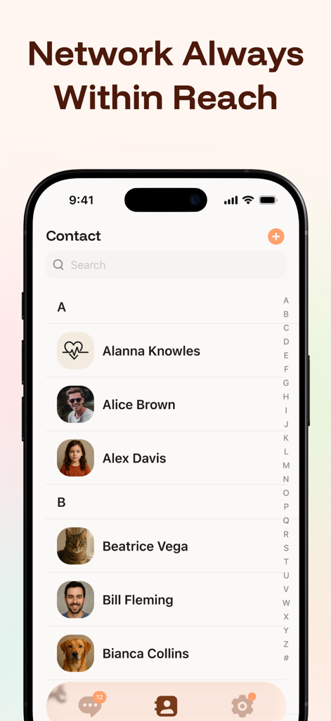 Intent: Closer Across Language - Una pantalla de teléfono móvil que muestra una lista de contactos alfabética dentro de la aplicación de mensajería Intent.
