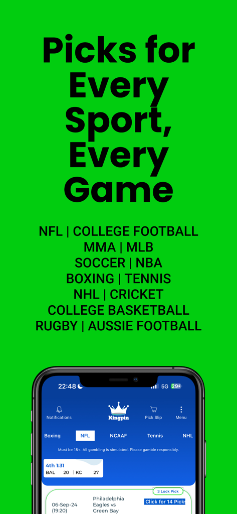 Kingpin Sports Picks app interface showing coverage for NFL NBA MLB and other major sports