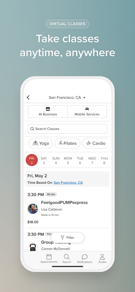 Oberfläche der Vagaro App, die Suchergebnisse für virtuelle Fitnesskurse einschließlich Yoga und Pilates in San Francisco anzeigt.