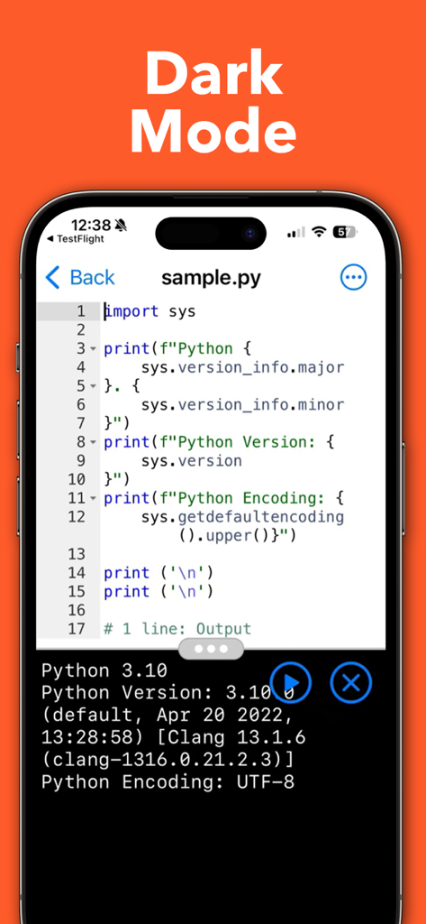 Python Editor mobile app interface showing a code editor and terminal output in dark mode
