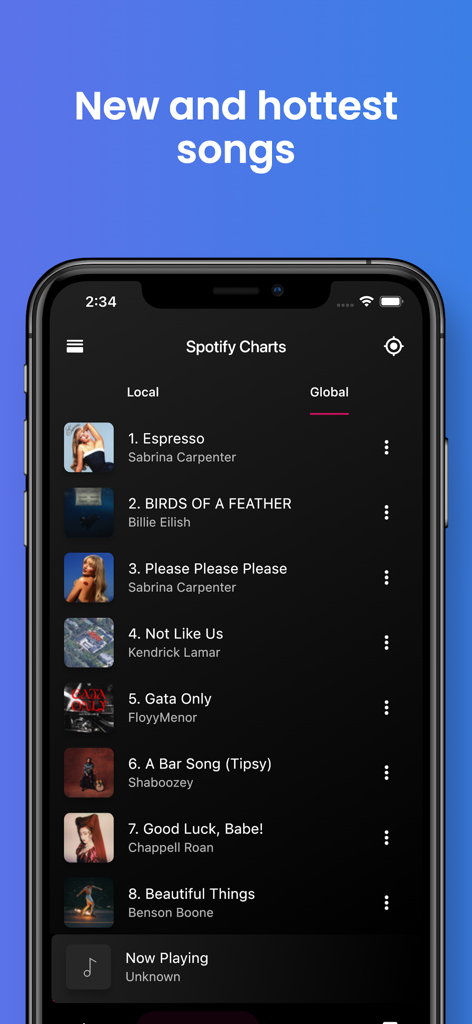 Youtify - Music & Playlists - Youtify app screen showing the newest and hottest global music charts