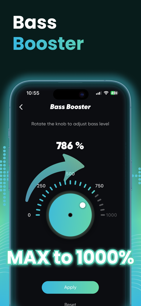 Max Volume Booster: Super Loud - Max Volume Booster app interface showing a bass booster dial set to 786 percent with a maximum limit of 1000 percent