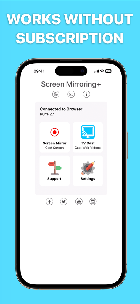 Screen Mirroring + Chromecast - Home screen of the Screen Mirroring plus Chromecast app on iPhone showing screen mirror and TV cast options