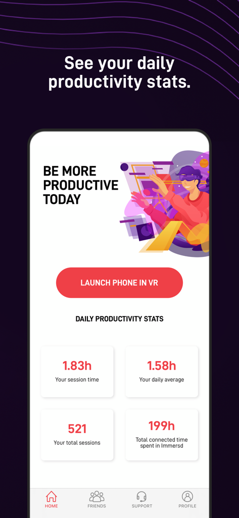 Tägliches Produktivitäts-Statistik-Dashboard in der Immersed Agent-App