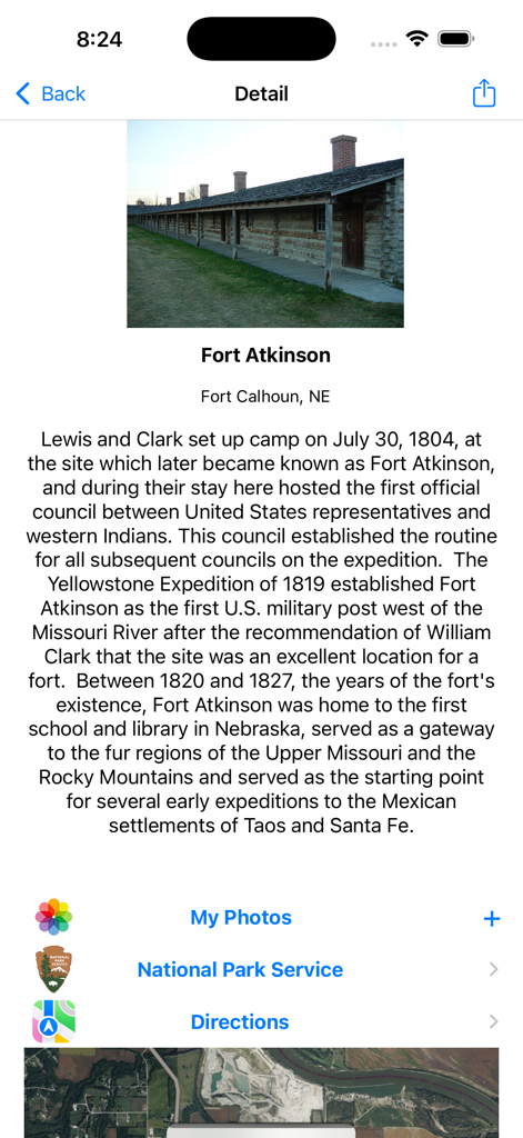 Historical information and photos of Fort Atkinson in the Lewis and Clark Trail app