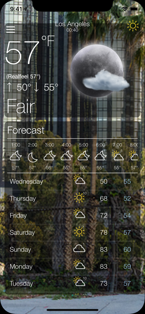 Weather app interface showing current temperature and weekly forecast for Los Angeles